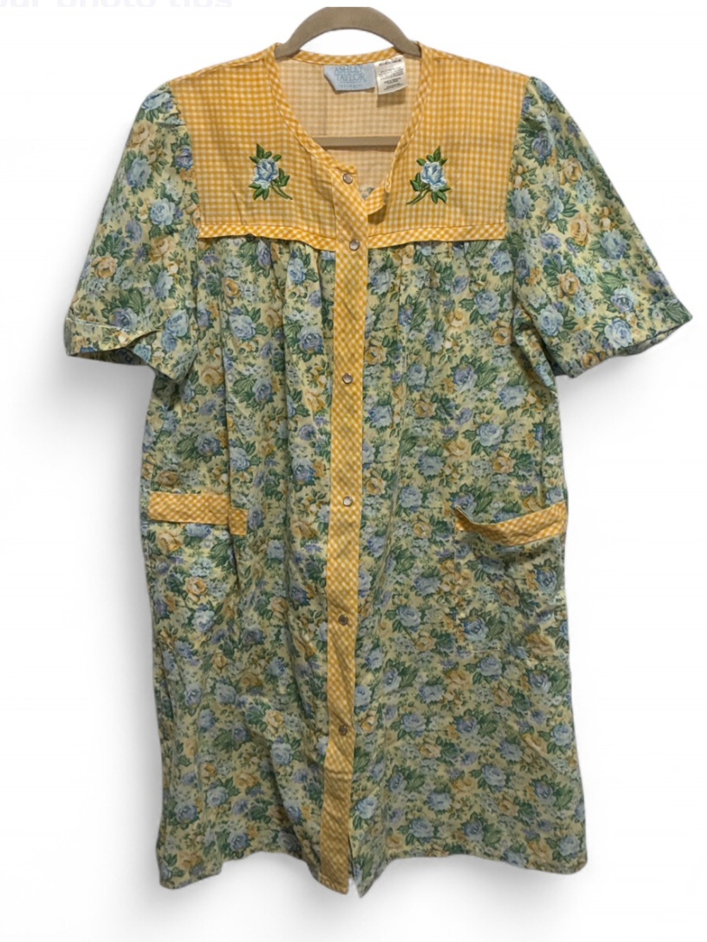 Vintage Ashley Taylor Yellow Floral Button-Front Sleep Dress Gingham Accents